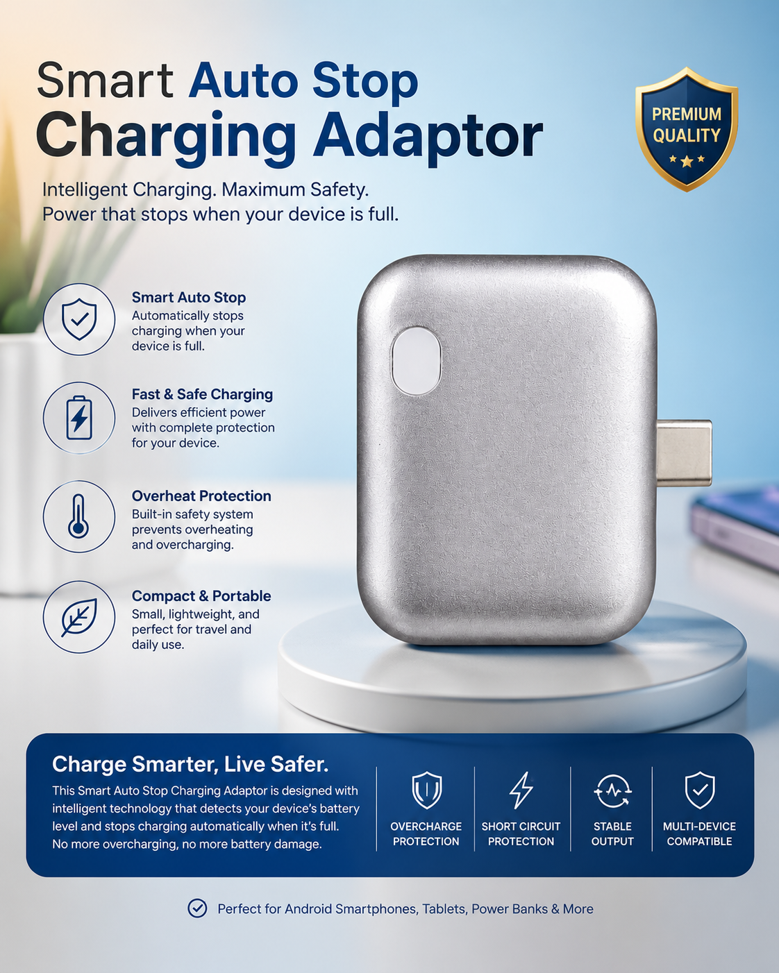Smart USB-C 140W Auto Stop Charging Adapter – Battery Health Protector, Automatic Power Cut, Type-C Fast Charger for Phones, Tablets, Laptops & Power Banks