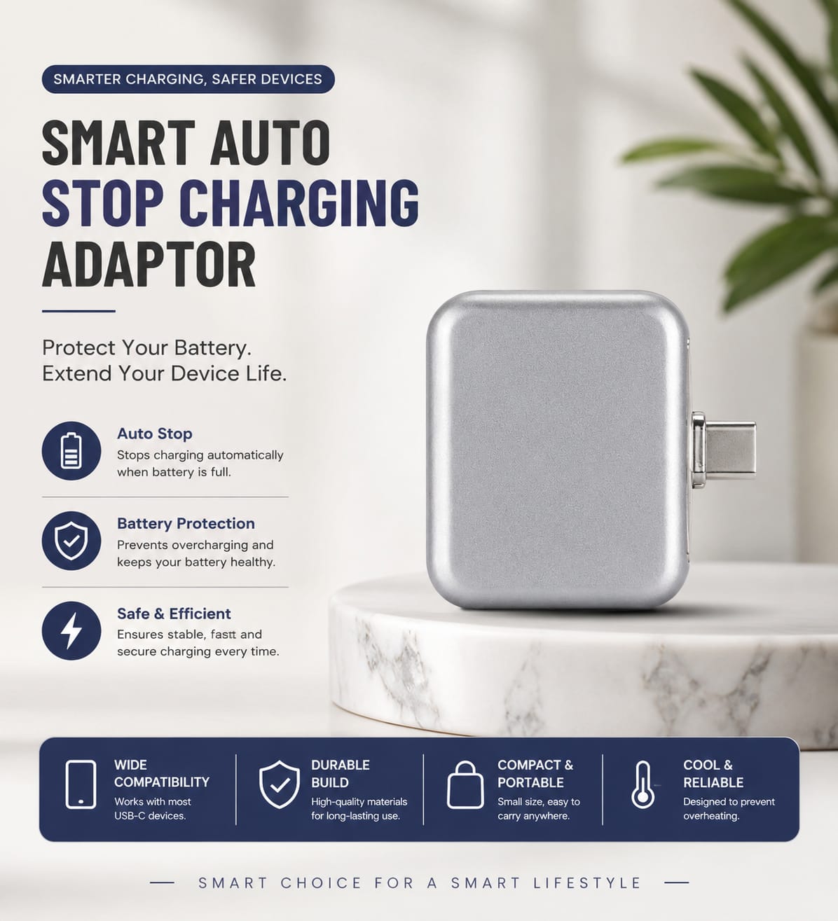 Smart USB-C 140W Auto Stop Charging Adapter – Battery Health Protector, Automatic Power Cut, Type-C Fast Charger for Phones, Tablets, Laptops & Power Banks