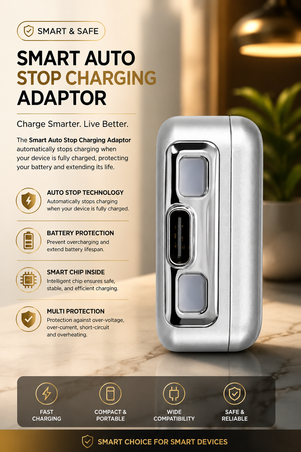 Smart USB-C 140W Auto Stop Charging Adapter – Battery Health Protector, Automatic Power Cut, Type-C Fast Charger for Phones, Tablets, Laptops & Power Banks